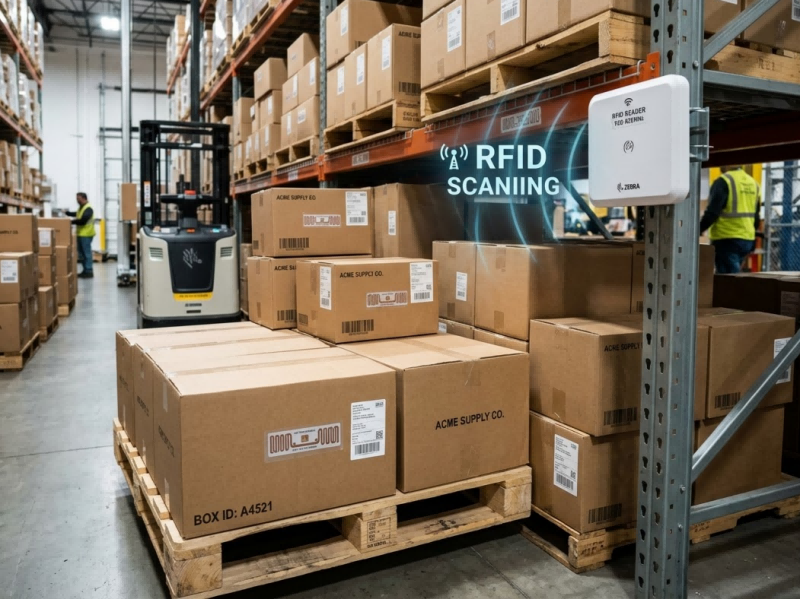 UHF RFID Wet Inlay applied to cardboard cartons and pallets for automated warehouse inventory tracking without line-of-sight scanning