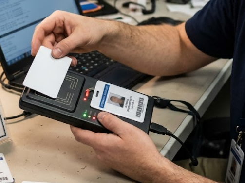 Technician cloning a standard 125 kHz proximity custom ID badge using a reader-writer device demonstrating security vulnerabilities in legacy access control systems